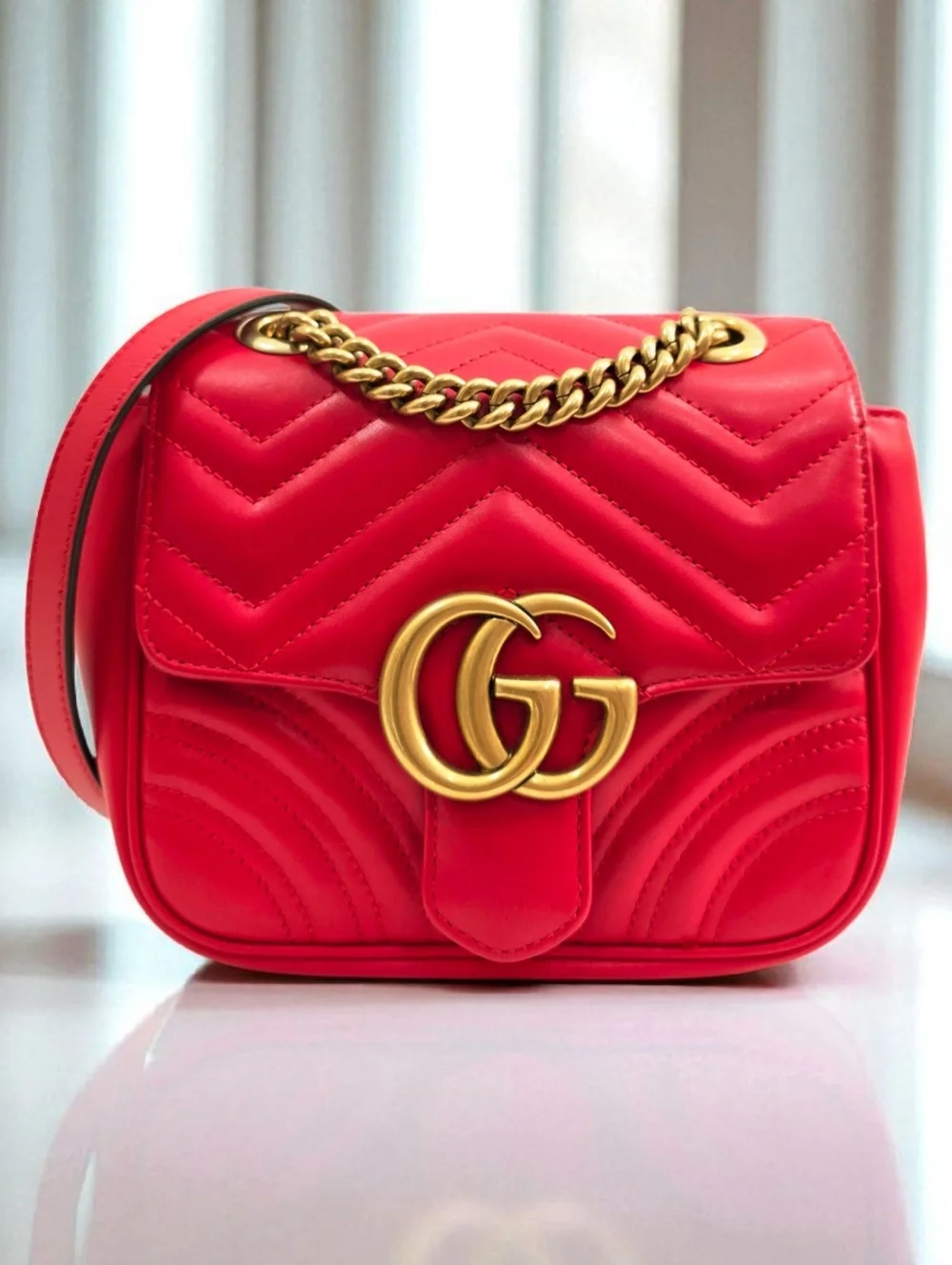 Gucci GG Marmont Matelasse Mini Square Shoulder Bag Red Leather